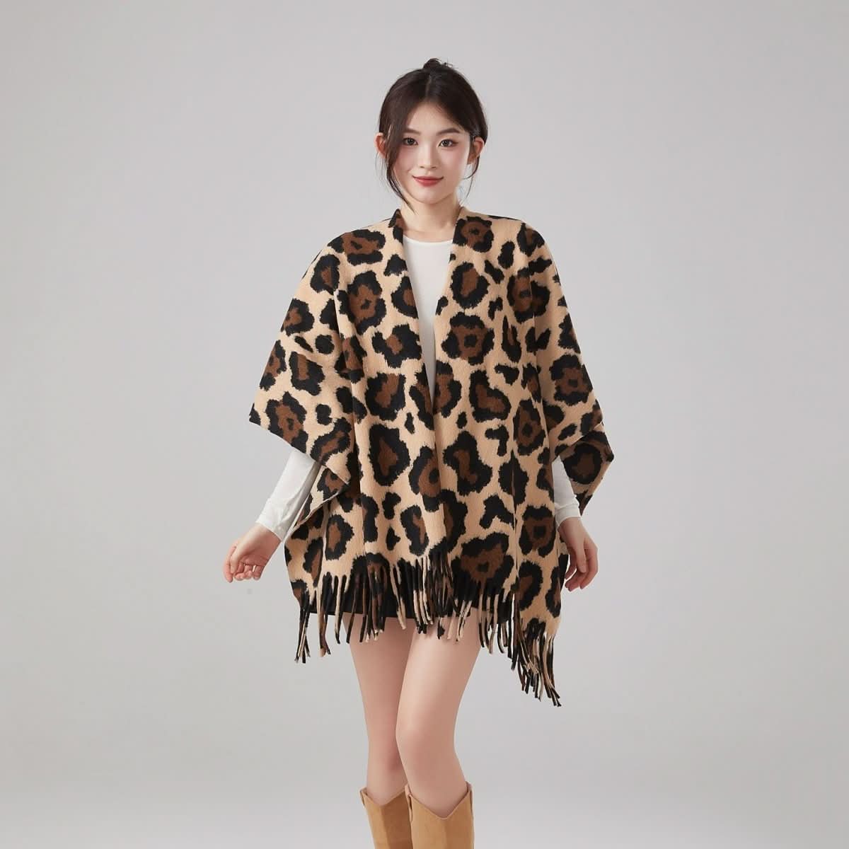 Thick Warm Vintage Leopard Print Tassel Shawl - Eshtree