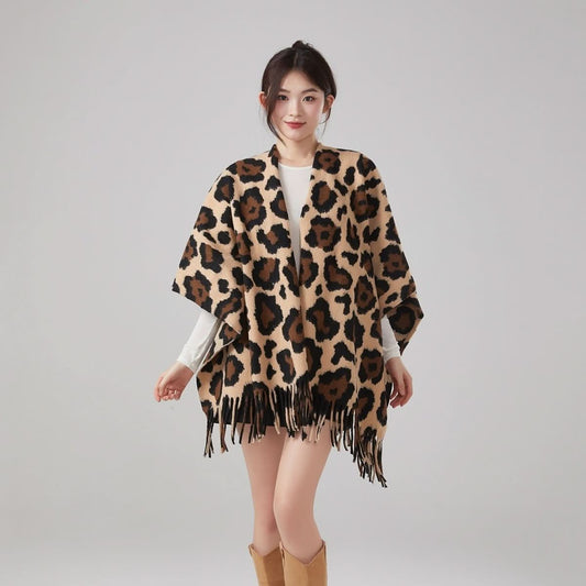 Thick Warm Vintage Leopard Print Tassel Shawl - Eshtree