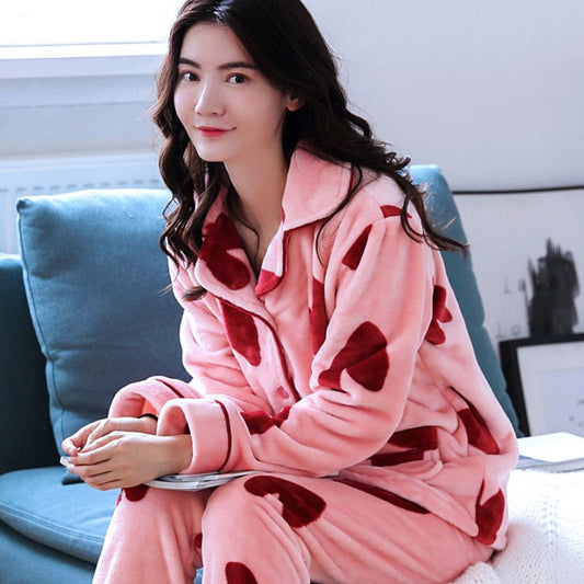Thickened Flannel Pajamas Ladies Long Sleeve Warm Homewear Set - Eshtree