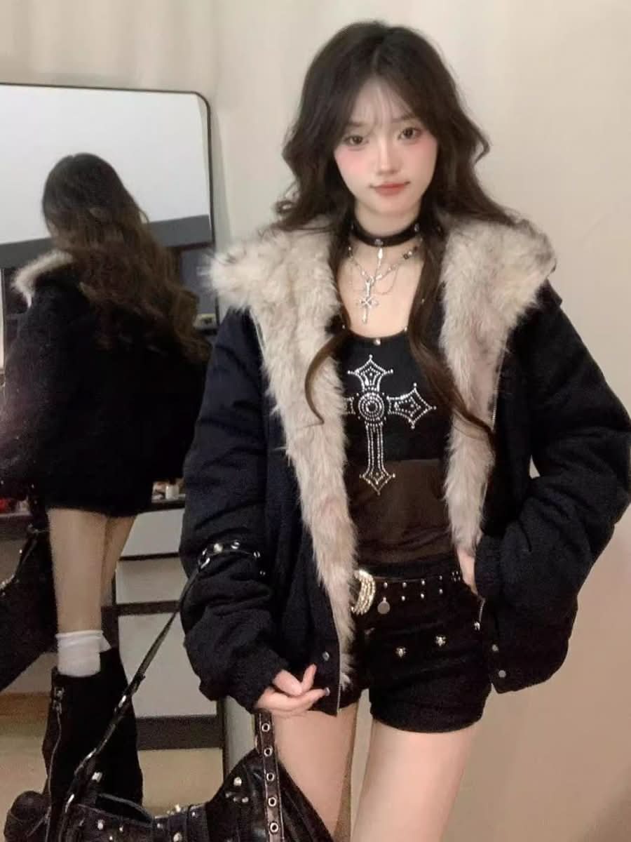 Thickened Fur Collar Hood Cotton - padded Coat For Women - Eshtree