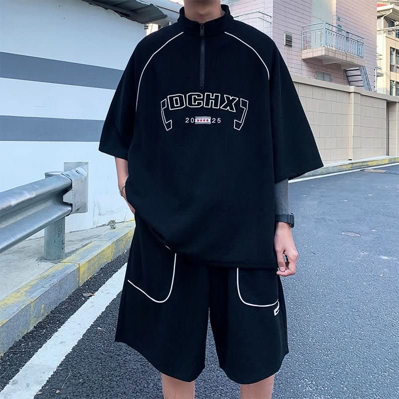 Waffle Sports Shorts Suit Students Hong Kong Style Polo Shirt Short Sleeve Casual - Eshtree