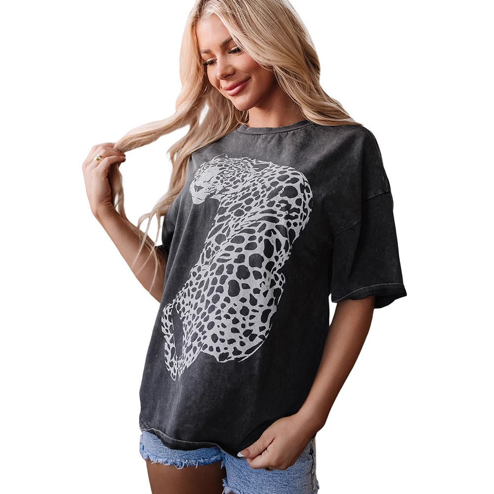 Washed Old New Leopard Print Short - sleeved T-shirt For Women - Eshtree