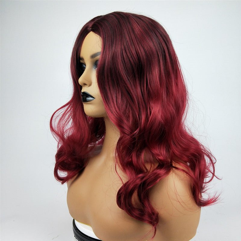 Wig Female Burgundy Long Curly Hair Big Wavy Gradient Color - Eshtree