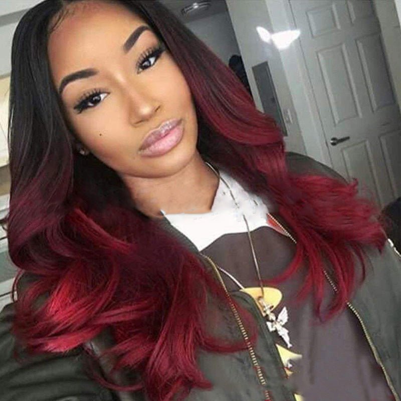 Wig Female Burgundy Long Curly Hair Big Wavy Gradient Color - Eshtree