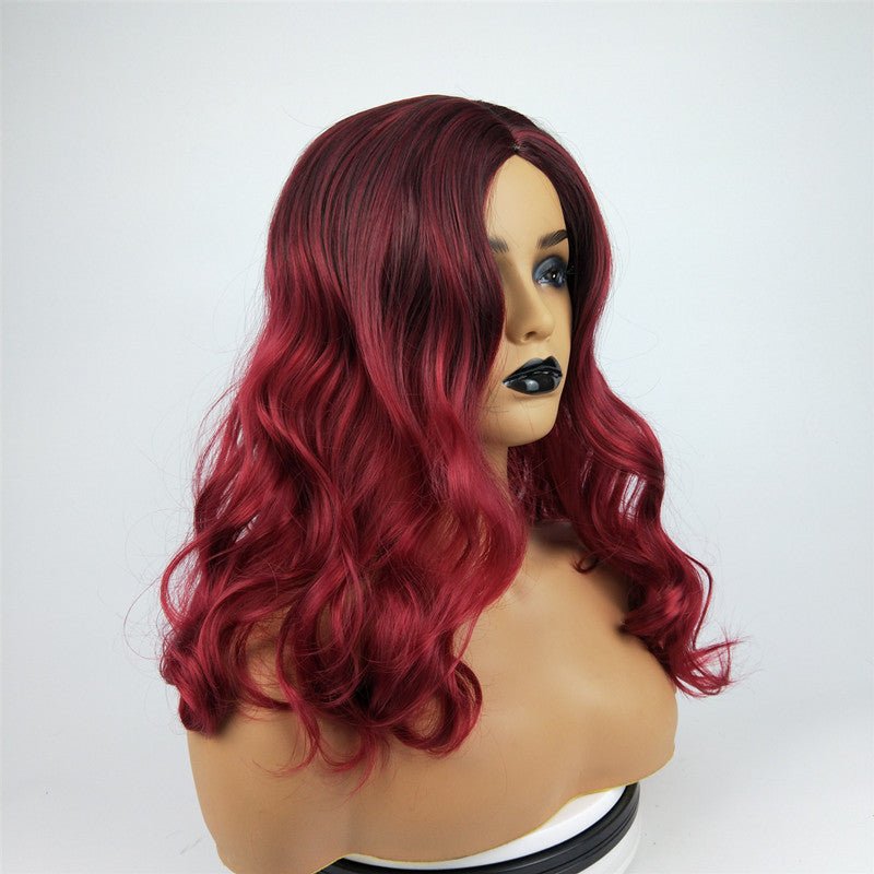 Wig Female Burgundy Long Curly Hair Big Wavy Gradient Color - Eshtree