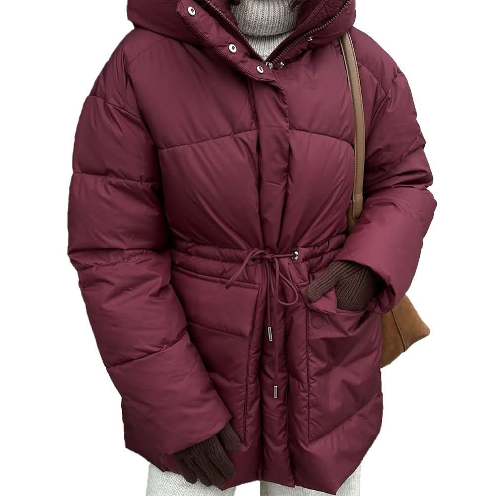 Wine Red Hooded Cotton Jacket Lace - up Waist Zipper Bread Thermal Cotton - padded Coat - Eshtree