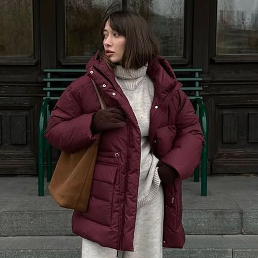 Wine Red Hooded Cotton Jacket Lace - up Waist Zipper Bread Thermal Cotton - padded Coat - Eshtree