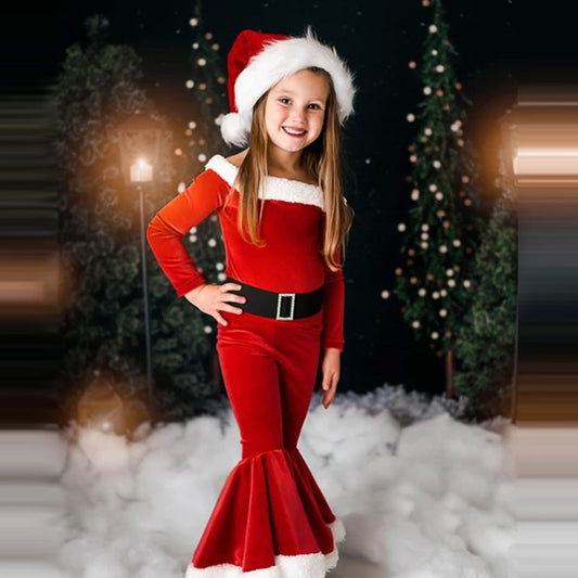 Winter Christmas Long - sleeved Shirt Bell Bottoms Hat Three - piece Children's Clothing - Eshtree