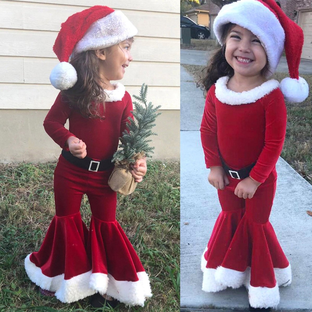 Winter Christmas Long - sleeved Shirt Bell Bottoms Hat Three - piece Children's Clothing - Eshtree