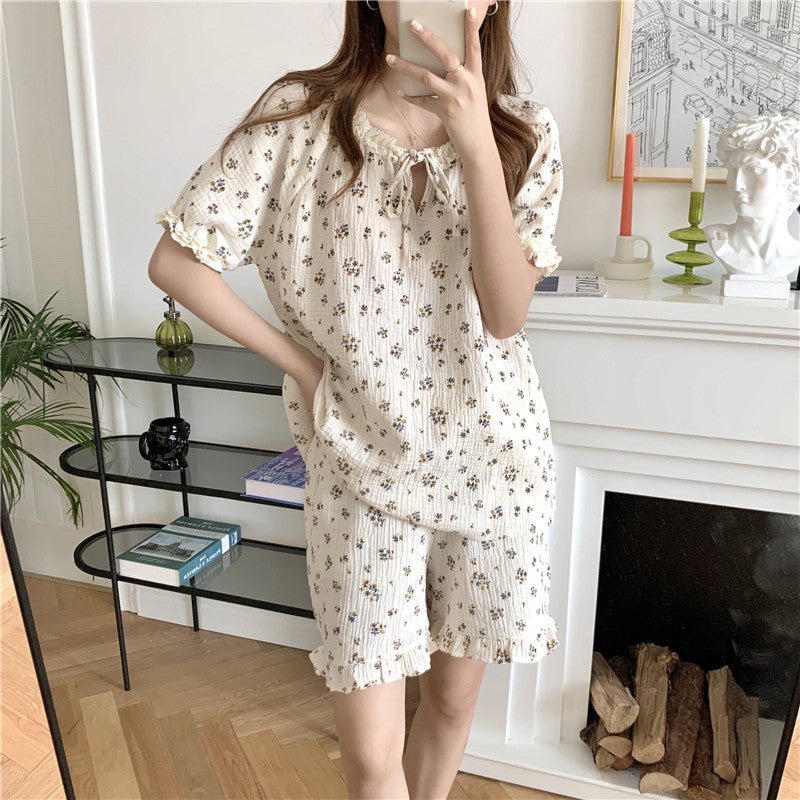 Women Sweet Lace Floral Short Sleeve Pajamas - Eshtree
