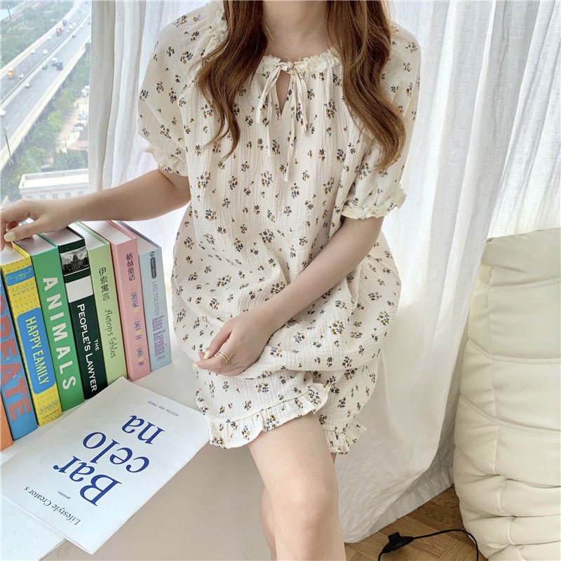 Women Sweet Lace Floral Short Sleeve Pajamas - Eshtree