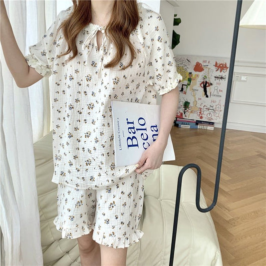 Women Sweet Lace Floral Short Sleeve Pajamas - Eshtree