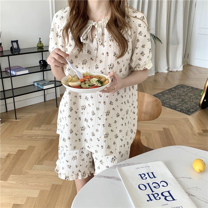 Women Sweet Lace Floral Short Sleeve Pajamas - Eshtree