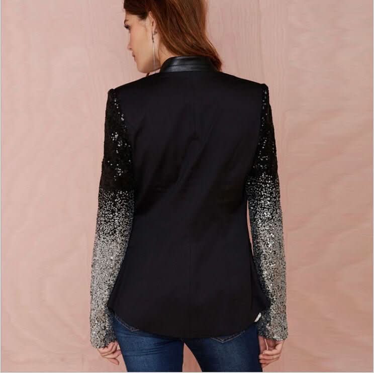 Women Thin Jacket Coat Spring Autumn Long Sleeve Lapel Fashion Silver Black Sequin Elegant Slim Work Blazers Suit feminino - Eshtree