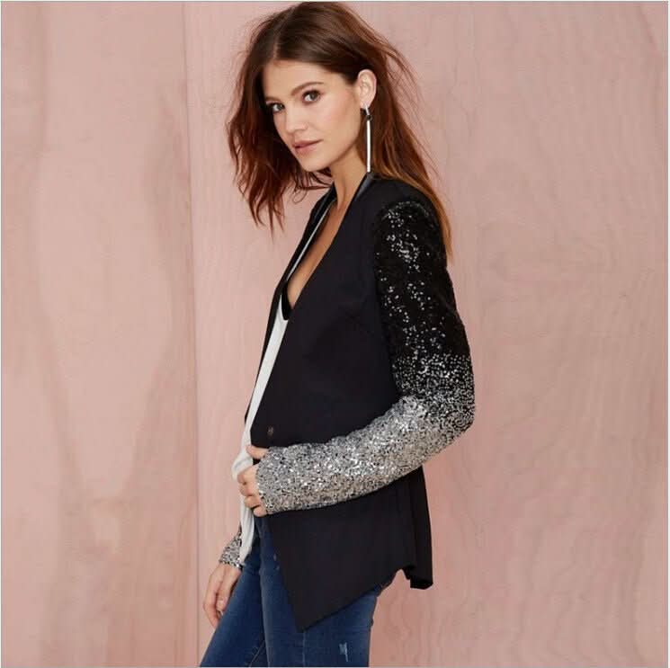 Women Thin Jacket Coat Spring Autumn Long Sleeve Lapel Fashion Silver Black Sequin Elegant Slim Work Blazers Suit feminino - Eshtree