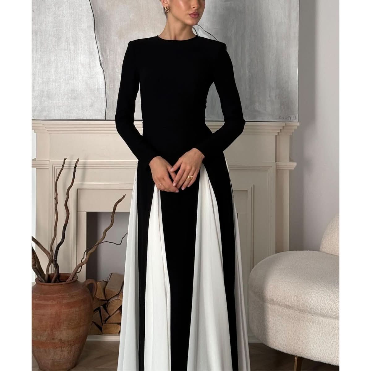 Women's Black And White Stitching Long Sleeve Dress - Eshtree