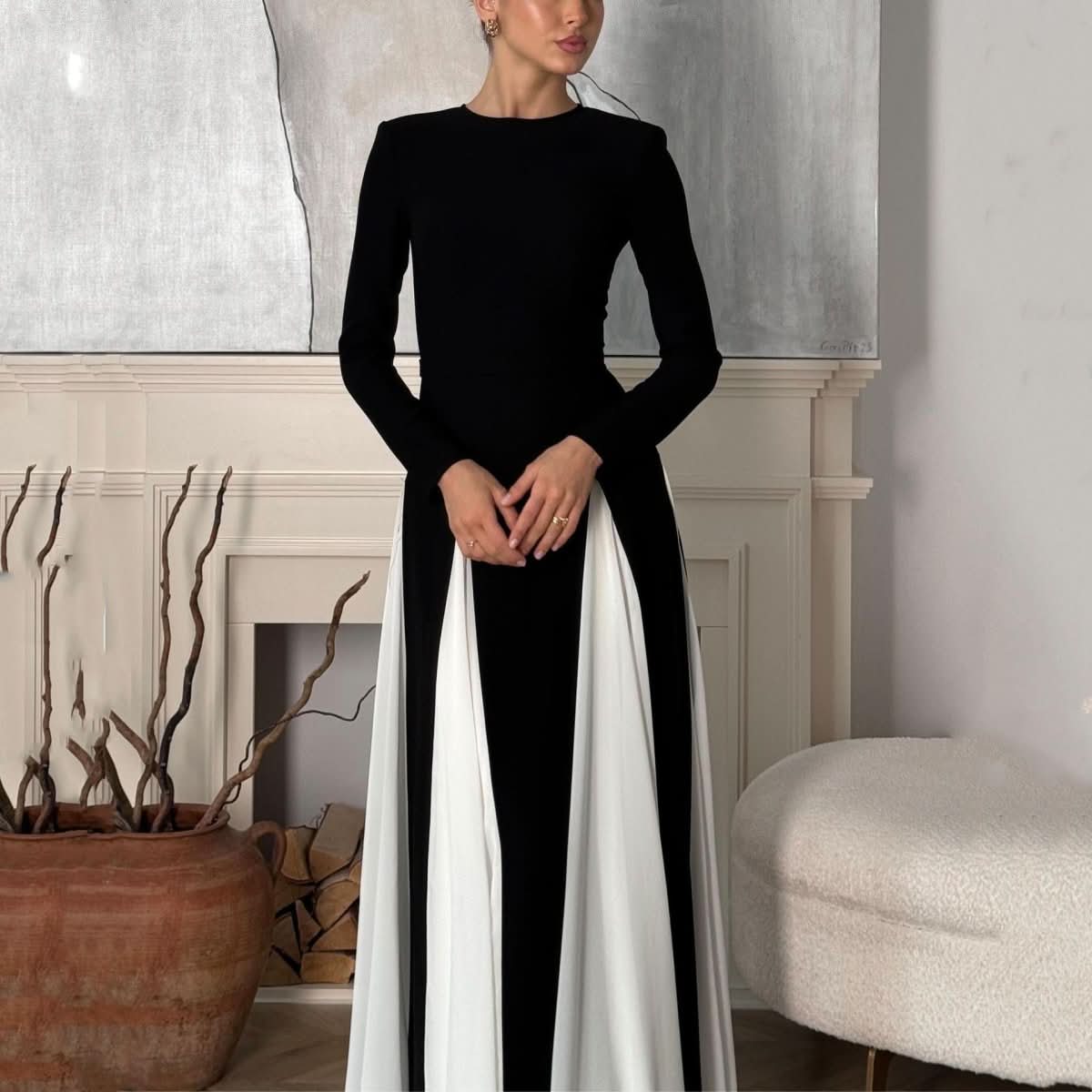 Women's Black And White Stitching Long Sleeve Dress - Eshtree