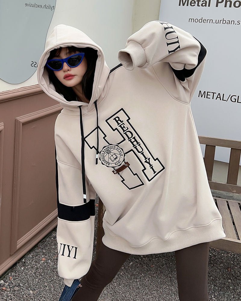 Women's Casual Embroidered Letters Velvet Padded Hooded Sweatshirt - Eshtree