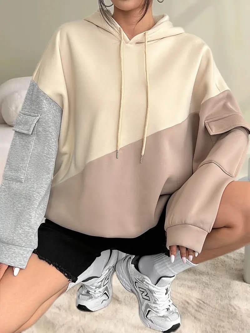 Womens Casual Fashion Color - Block Patchwork Hoodie With Long Sleeves - Eshtree