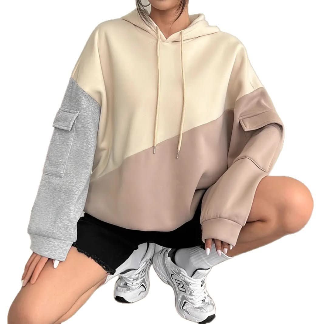 Womens Casual Fashion Color - Block Patchwork Hoodie With Long Sleeves - Eshtree