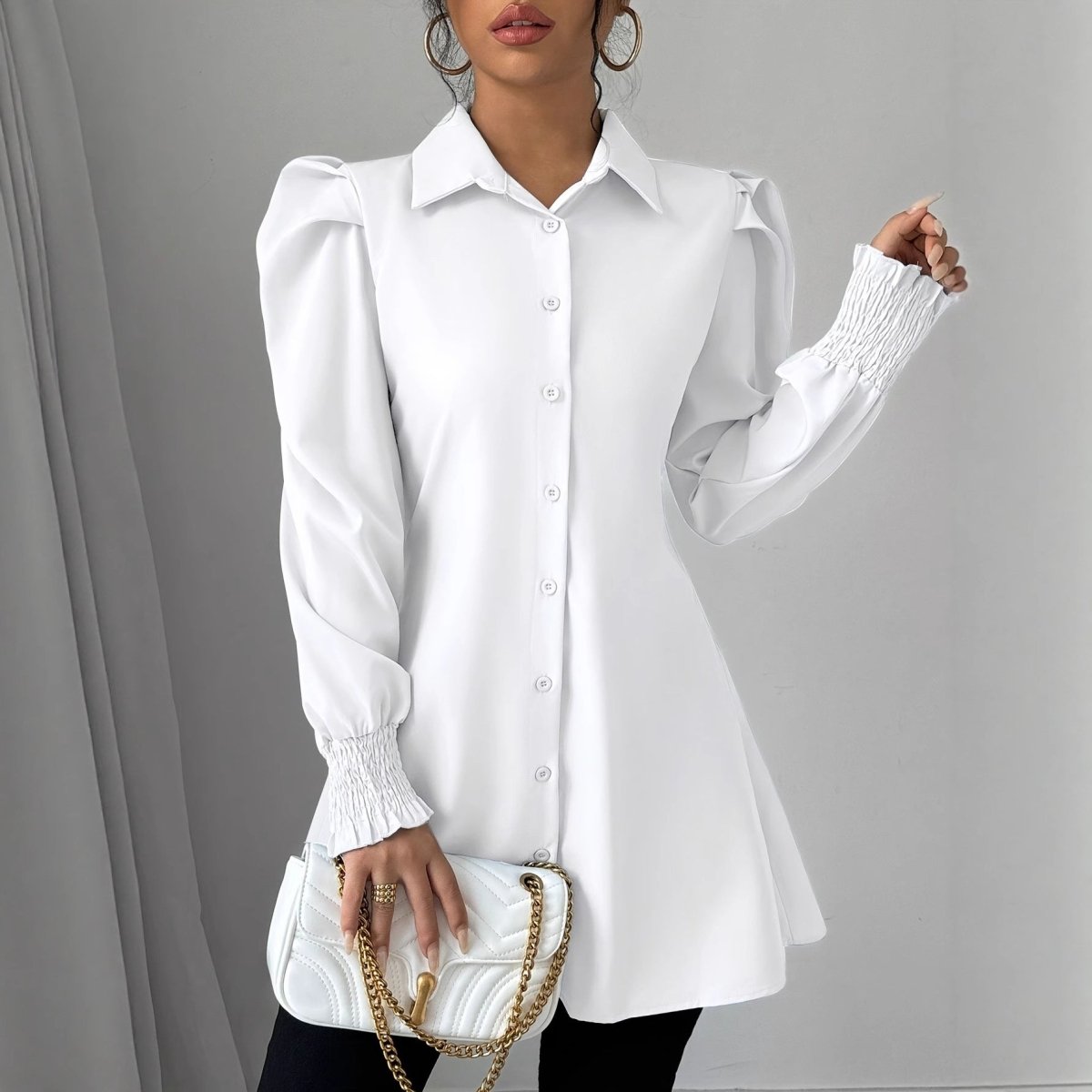 Womens Casual Solid - color Single - breasted Long - sleeve Shirt - Eshtree