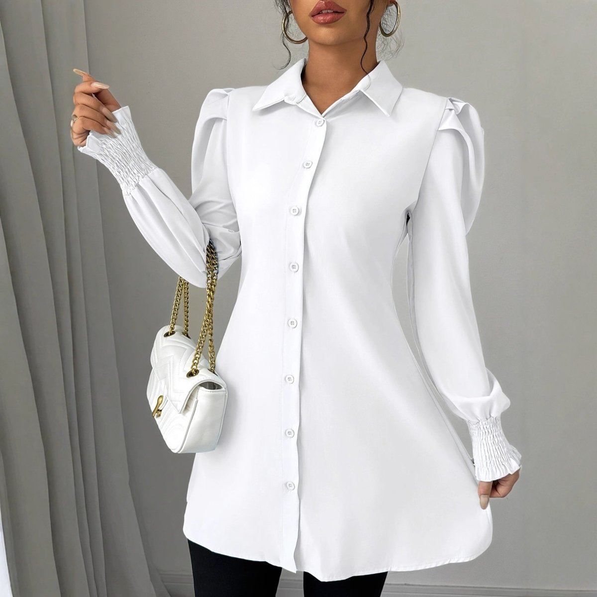 Womens Casual Solid - color Single - breasted Long - sleeve Shirt - Eshtree