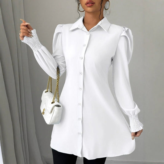 Womens Casual Solid - color Single - breasted Long - sleeve Shirt - Eshtree