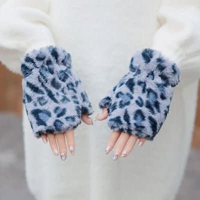 Women's Cute Leopard Print Fleece Fingerless Gloves - Eshtree