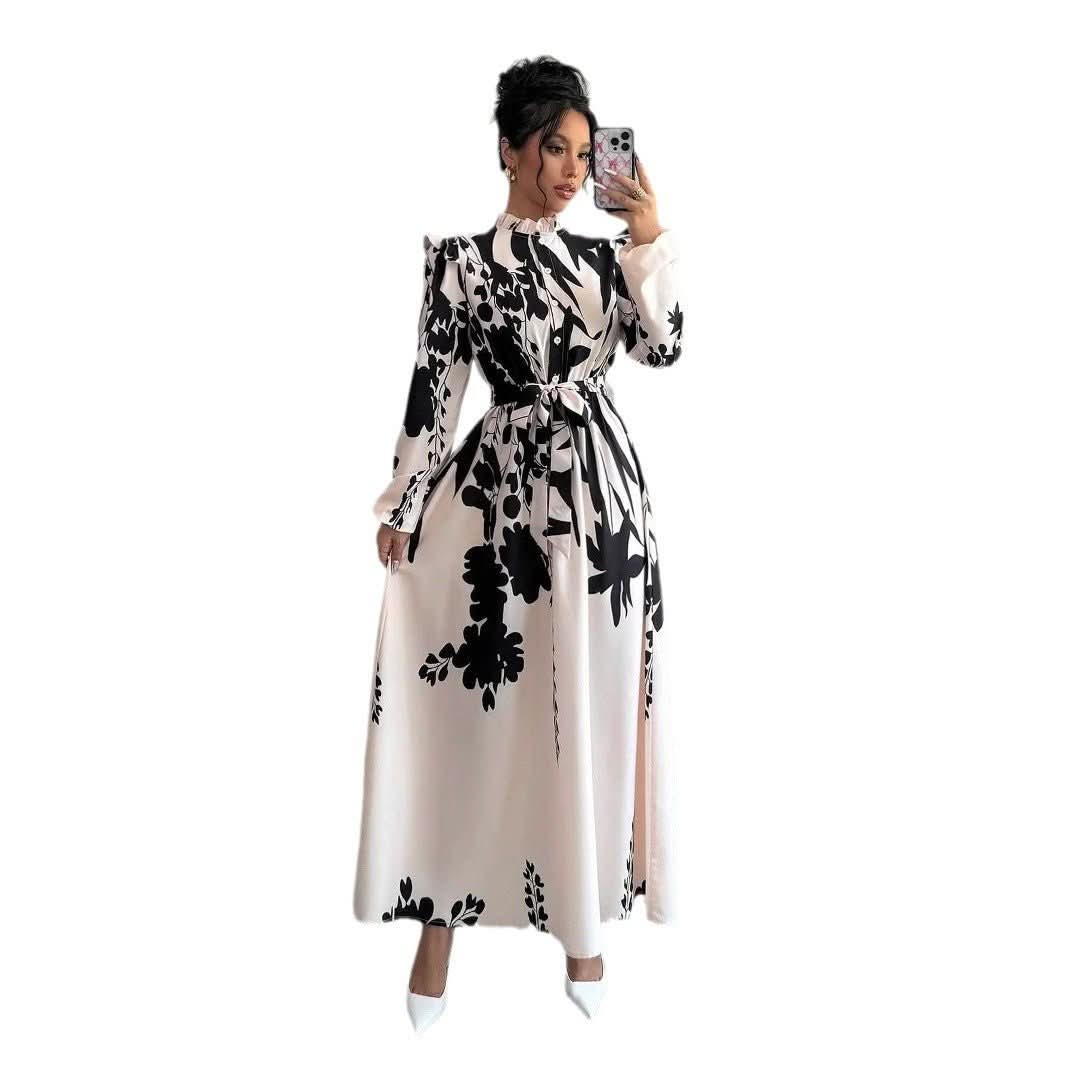 Women's Flower Waist Long Sleeve A - Line Dress - Eshtree