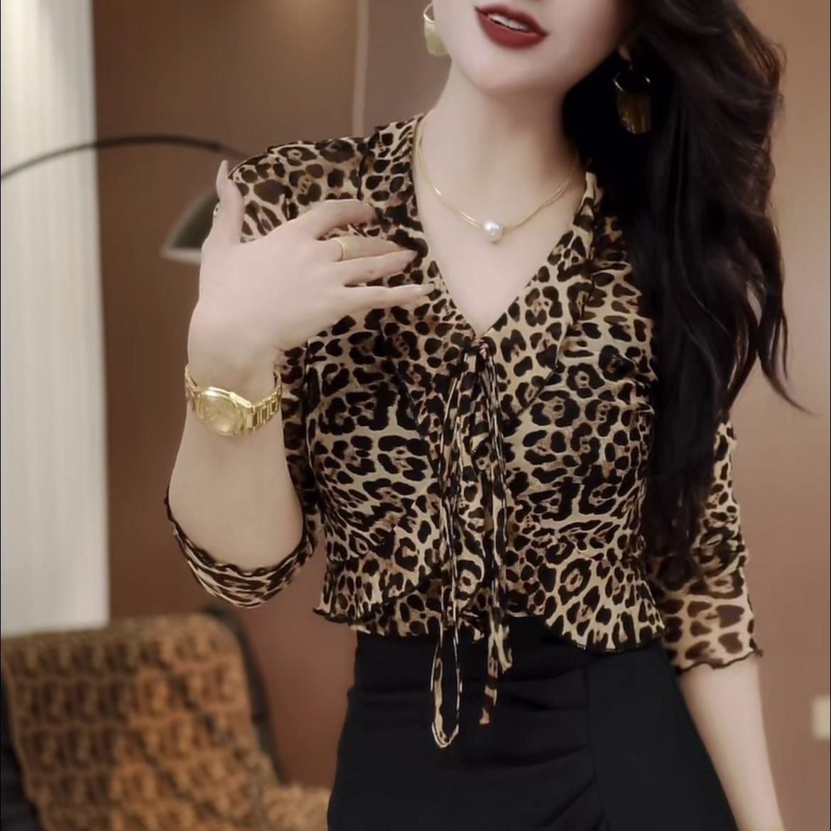 Womens French - print Shirt With V - neck And Long Sleeves - Eshtree