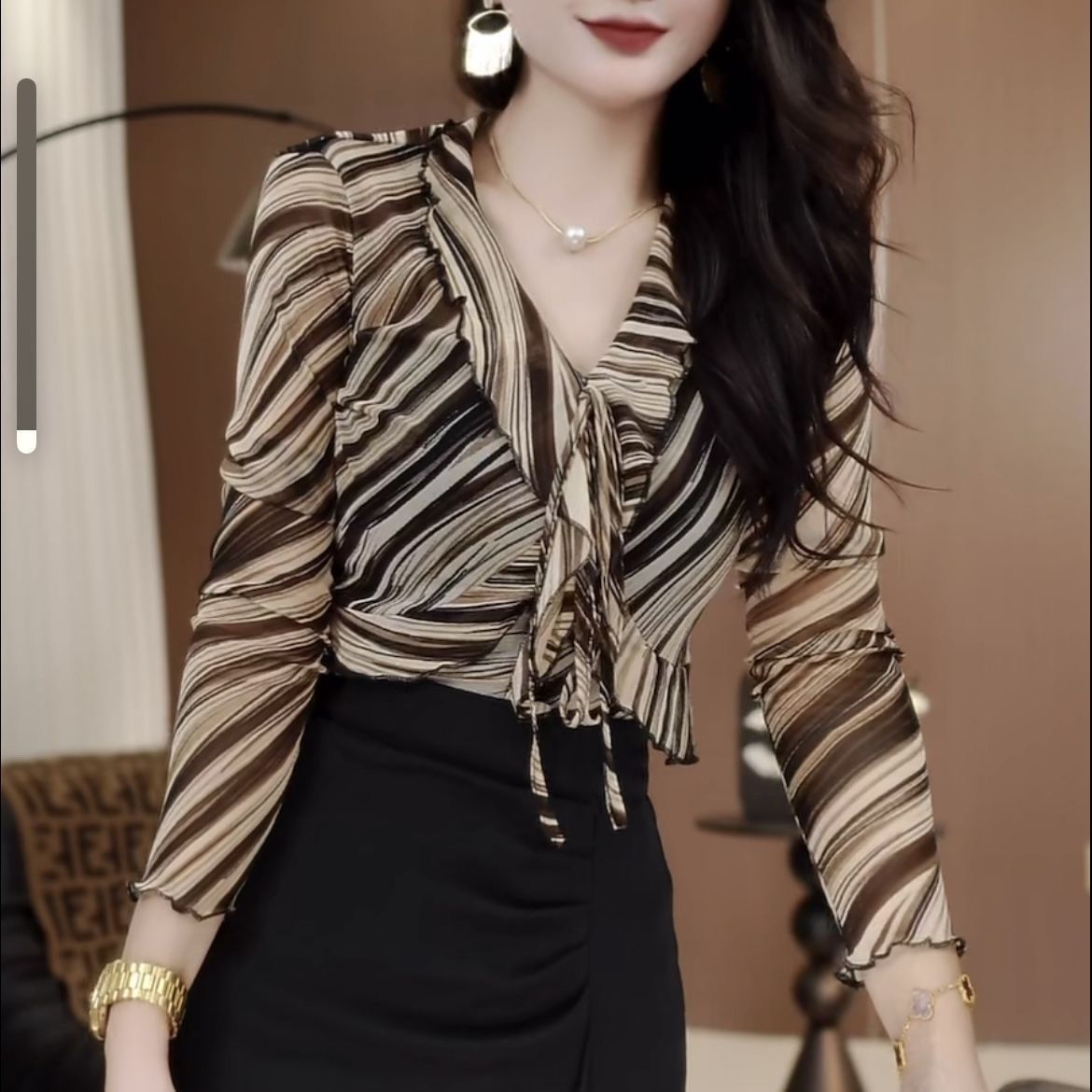 Womens French - print Shirt With V - neck And Long Sleeves - Eshtree