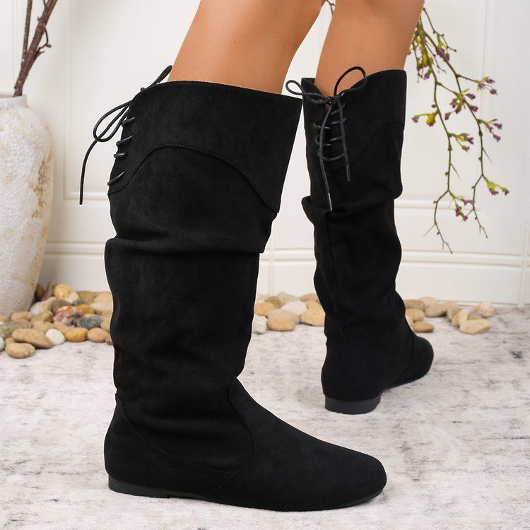 Womens Highshaft Pleated Suede Chunkyheel Boots - Eshtree