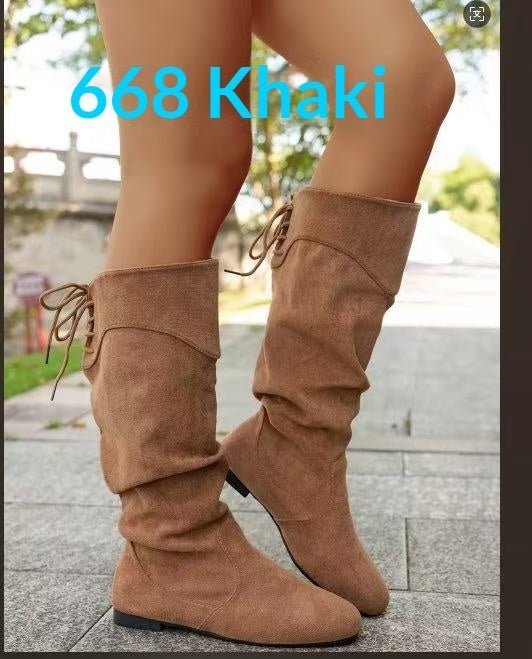 Womens Highshaft Pleated Suede Chunkyheel Boots - Eshtree