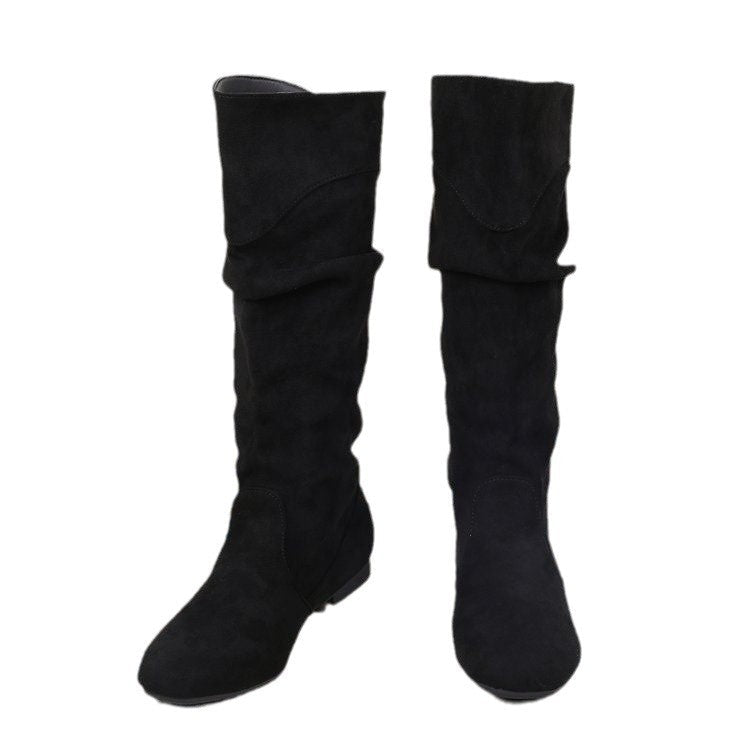 Womens Highshaft Pleated Suede Chunkyheel Boots - Eshtree