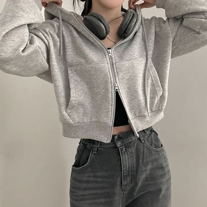 Women's Hoodie With Double Zipper, Fleece - lined, Waist - cinching, Loose - fit, Short Length - Eshtree