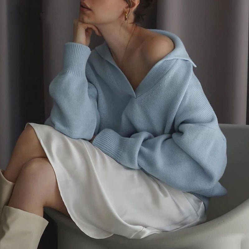 Women's Knit Polo Neck Pullover Solid Color Sweater - Eshtree