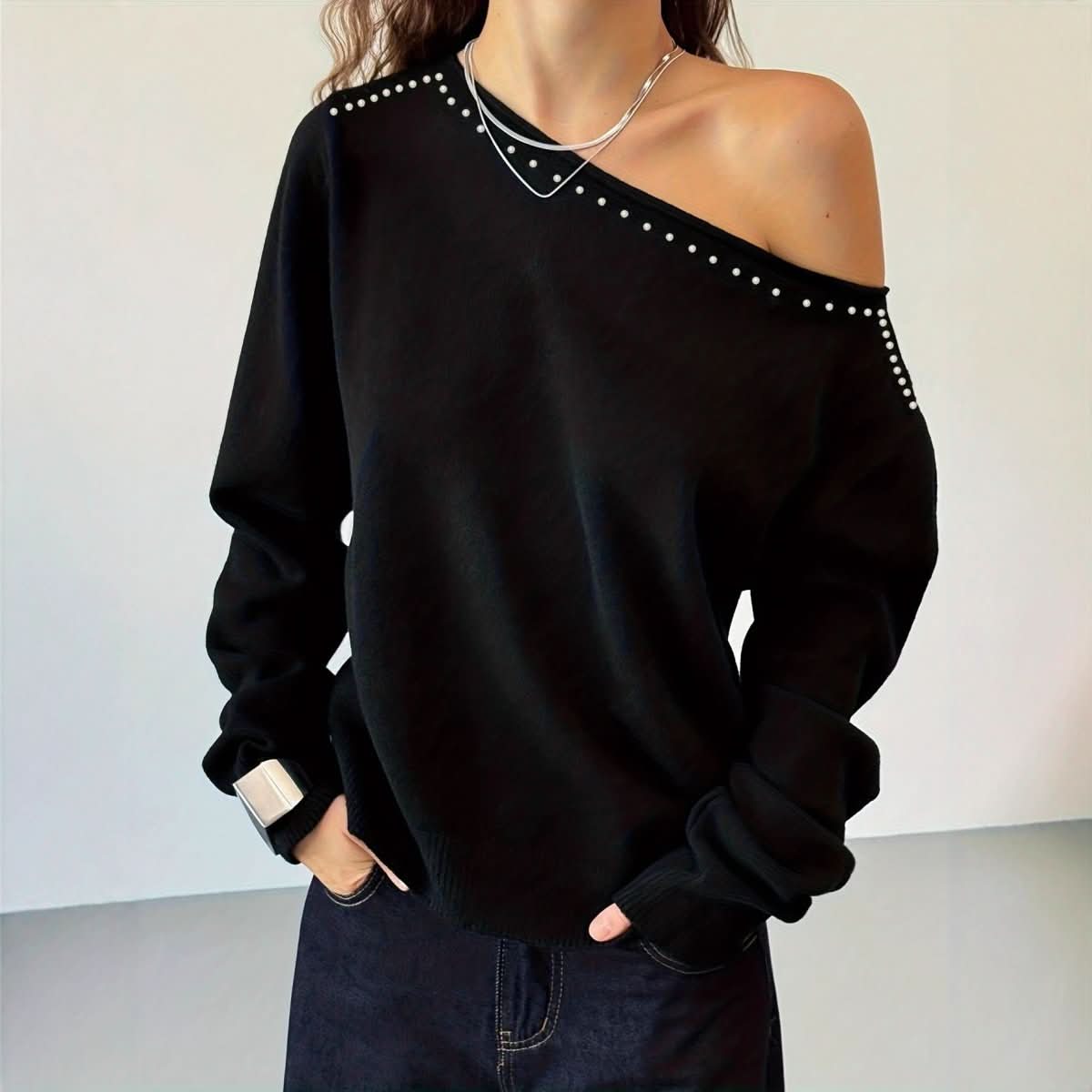 Womens Knitted Top With Rivet - Embellished Slanted Shoulders And Long Sleeves - Eshtree