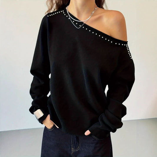 Womens Knitted Top With Rivet - Embellished Slanted Shoulders And Long Sleeves - Eshtree