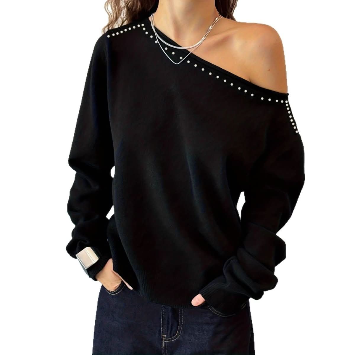 Womens Knitted Top With Rivet - Embellished Slanted Shoulders And Long Sleeves - Eshtree