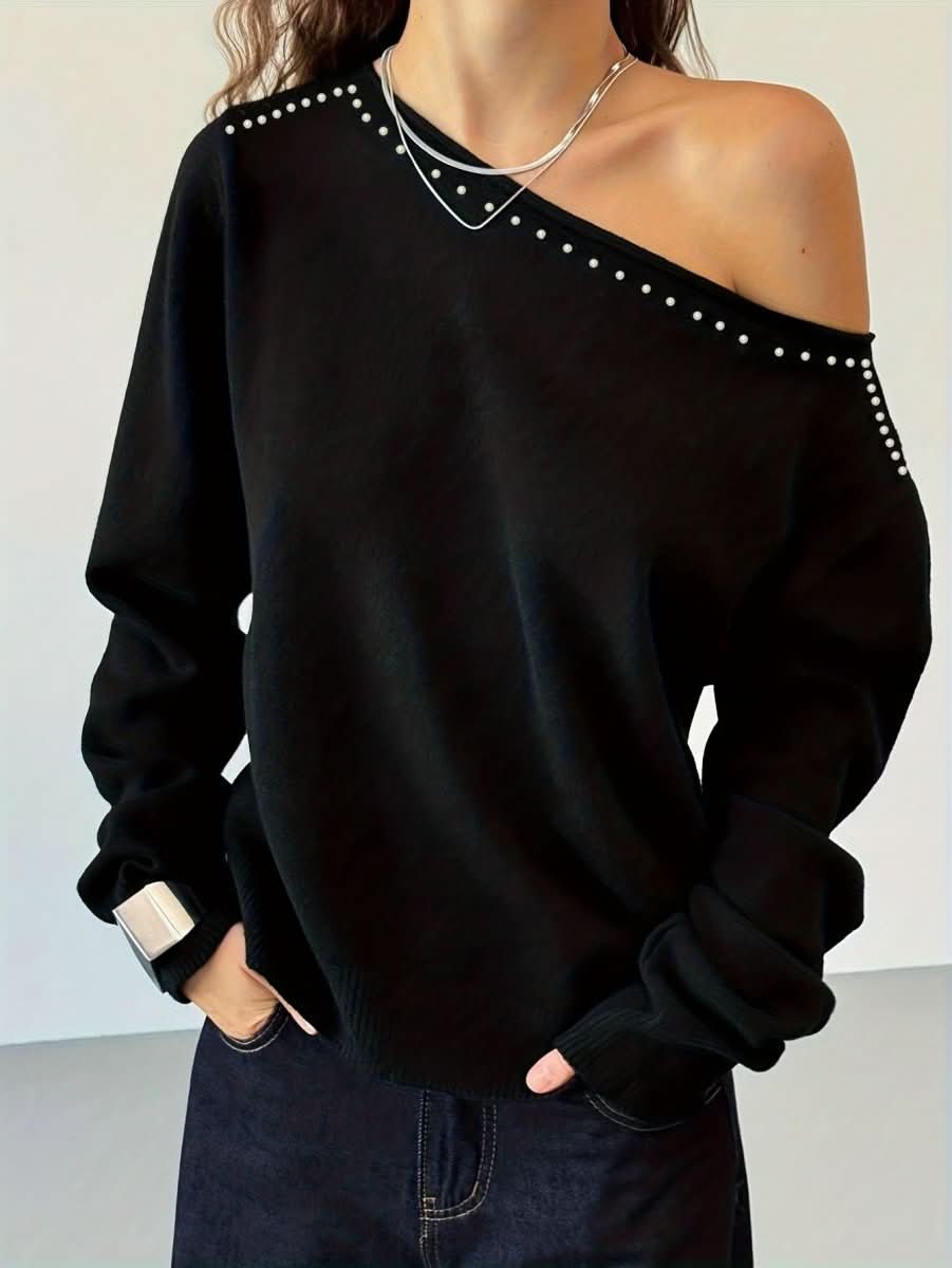 Womens Knitted Top With Rivet - Embellished Slanted Shoulders And Long Sleeves - Eshtree