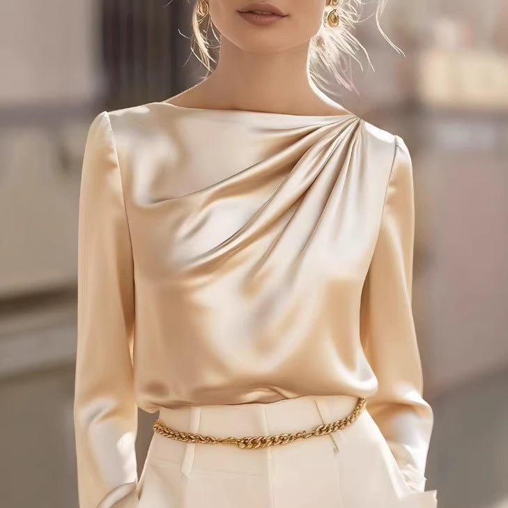 Womens Korean - style Versatile Slant - Neck Long - Sleeve Satin Shirt - Eshtree