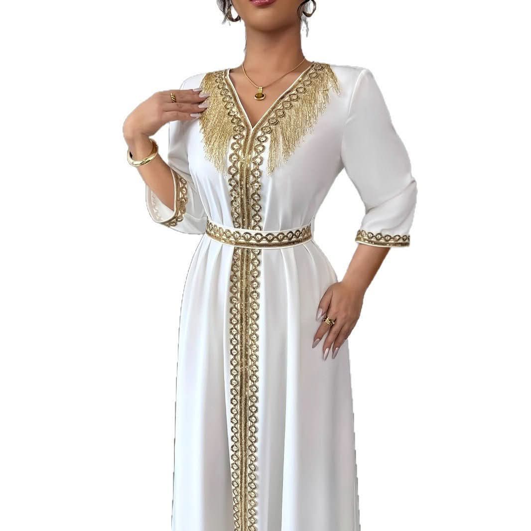 Women's Lace Tassel Slim Fit Dress Muslim Robe - Eshtree