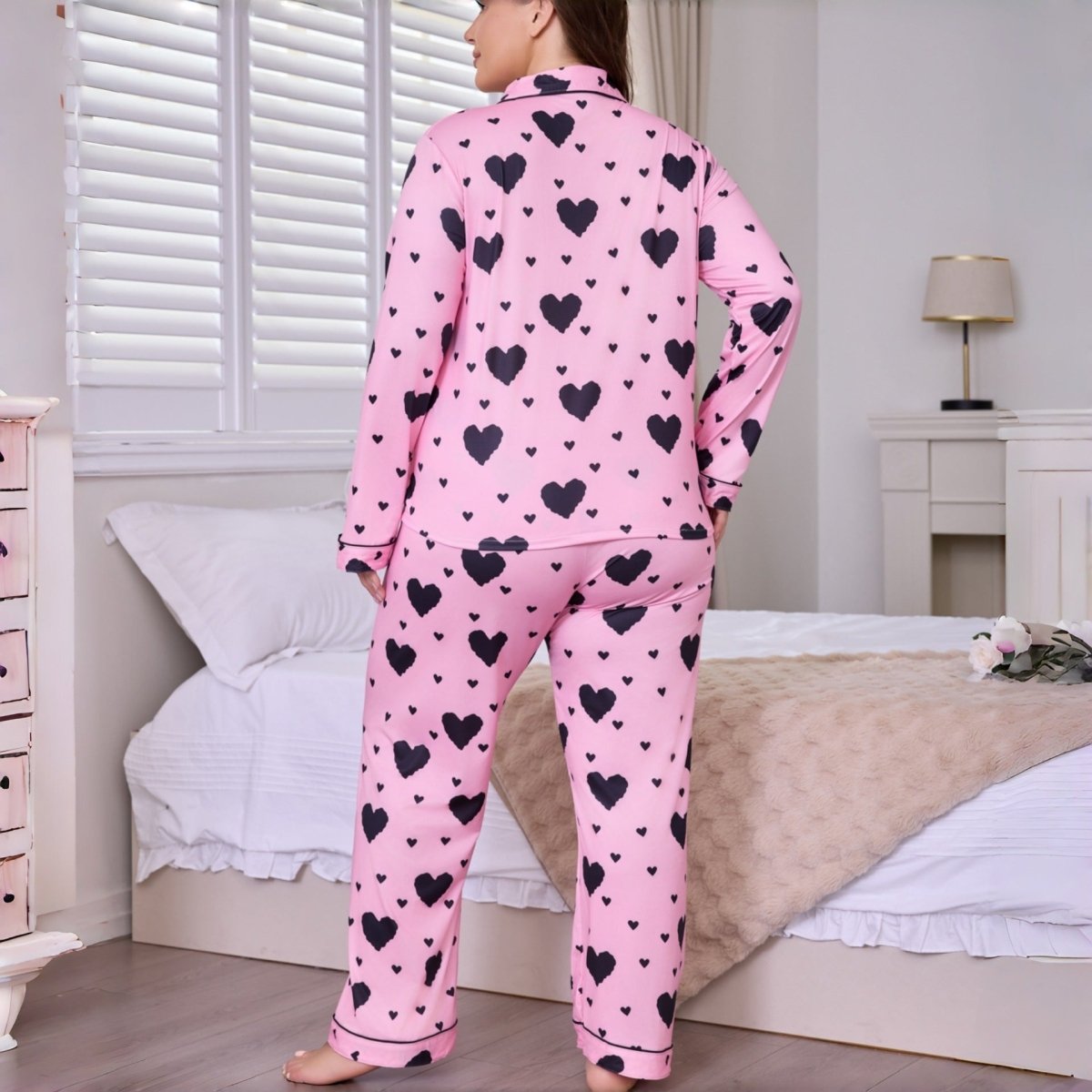 Women's Large Size Heart Cardigan Lapel Long - sleeved Trousers Pajamas Homewear Suit - Eshtree