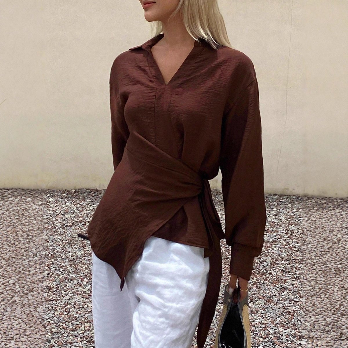 Womens Loose, Casual, Retro, Asymmetrical, Solid - Color Shirt With Ties - Eshtree