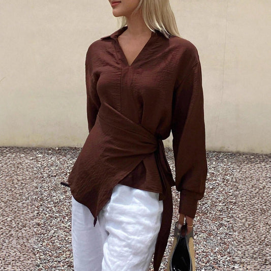 Womens Loose, Casual, Retro, Asymmetrical, Solid - Color Shirt With Ties - Eshtree