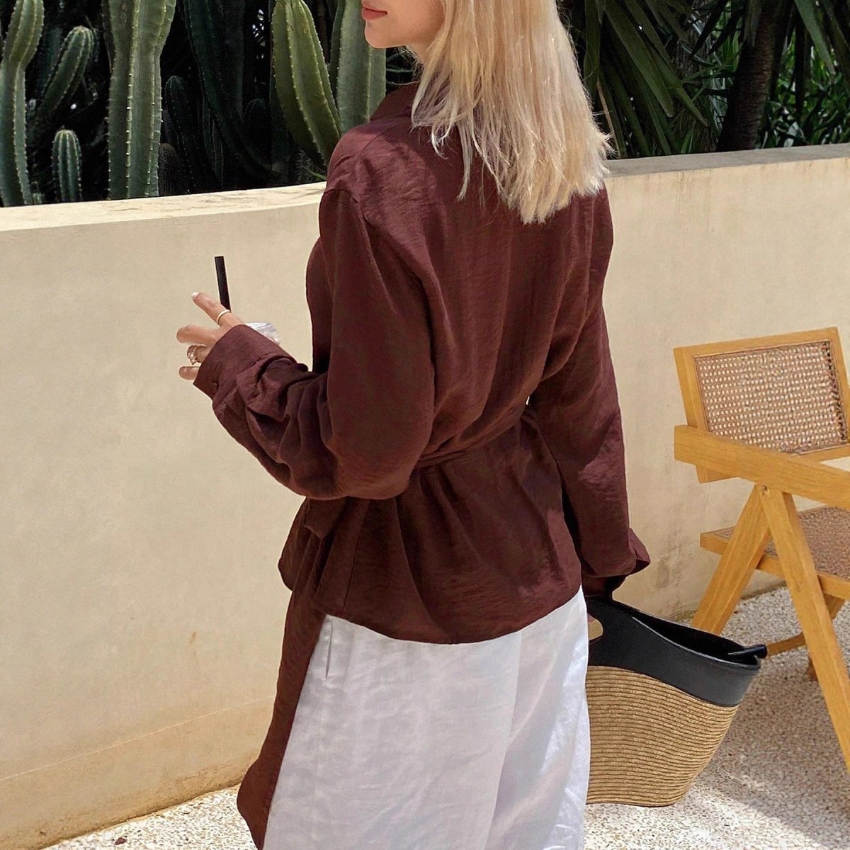 Womens Loose, Casual, Retro, Asymmetrical, Solid - Color Shirt With Ties - Eshtree