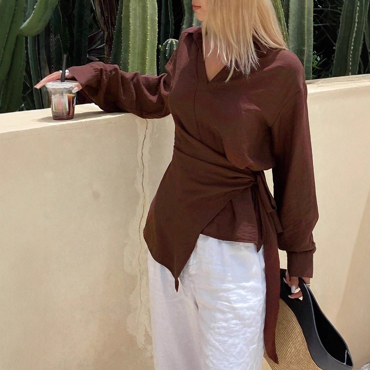 Womens Loose, Casual, Retro, Asymmetrical, Solid - Color Shirt With Ties - Eshtree