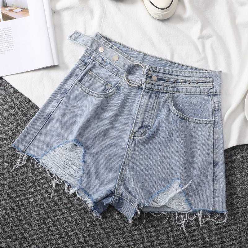 Women's Loose Denim Shorts With Ripped Holes - Eshtree