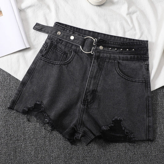 Women's Loose Denim Shorts With Ripped Holes - Eshtree