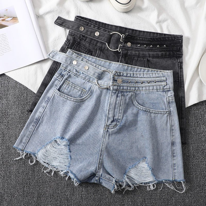 Women's Loose Denim Shorts With Ripped Holes - Eshtree